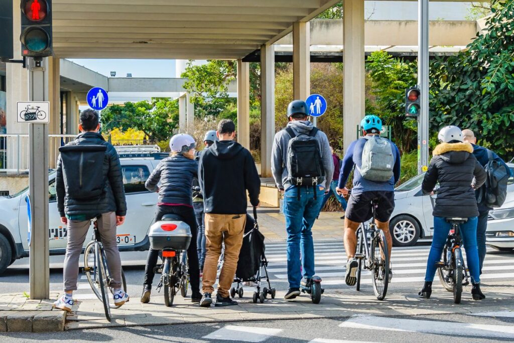 bikers and pedestrians crossing
